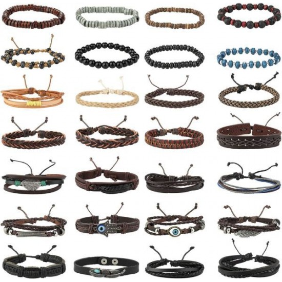 31Pcs Braided Leather Bracelets For Men Women Wooden Beaded Wrist Woven Cuff Wrap Bracelet Set Adjustable 31Pcs Braided Leather Bracelets For Men Women Wooden Beaded Wrist Woven Cuff Wrap Bracelet Set Adjustable